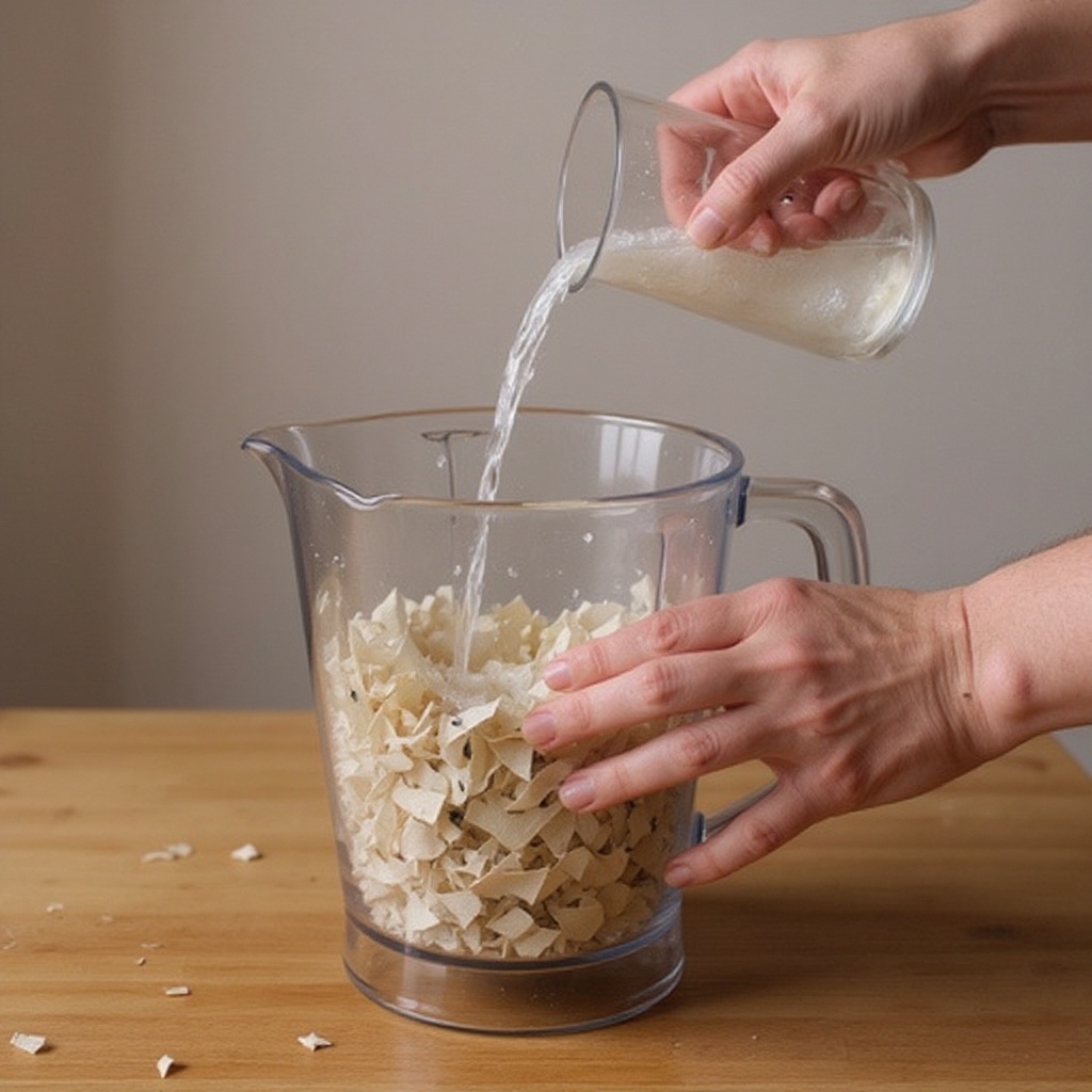 Step 2: Place the torn paper pieces into your blender. Ensure you don't overfill the ble