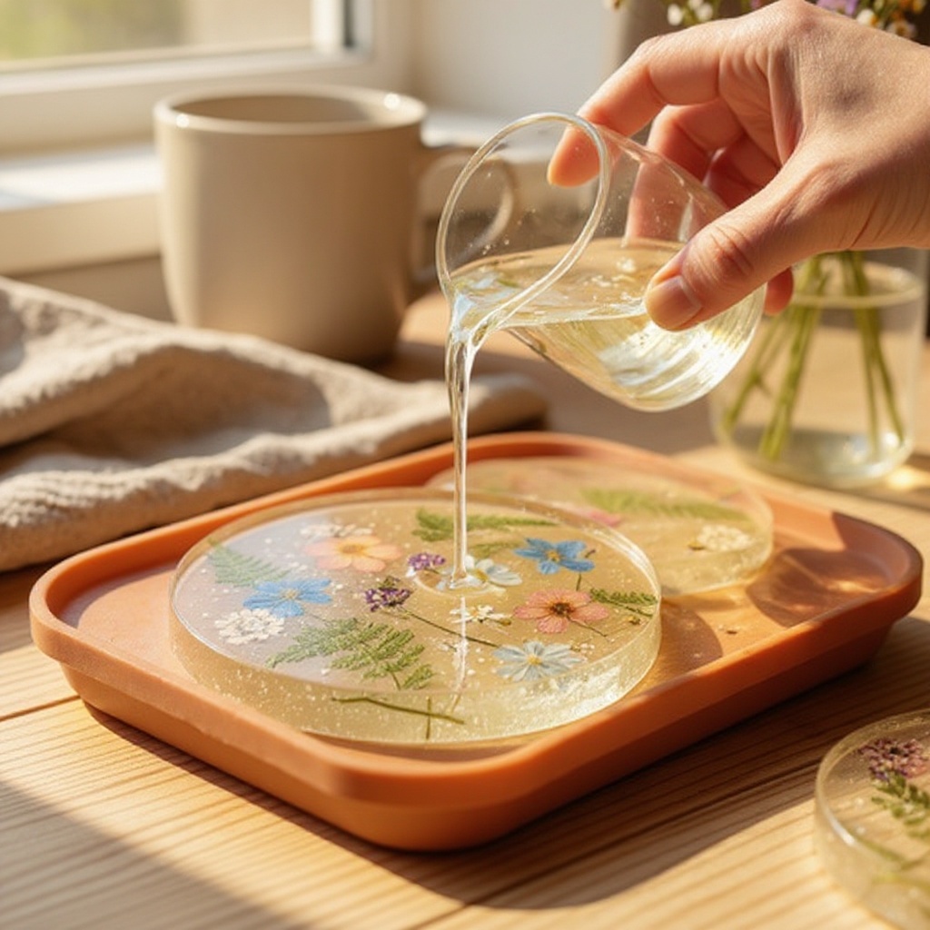 Step 9: Carefully pour the remaining mixed resin over the flowers, filling the mold to t