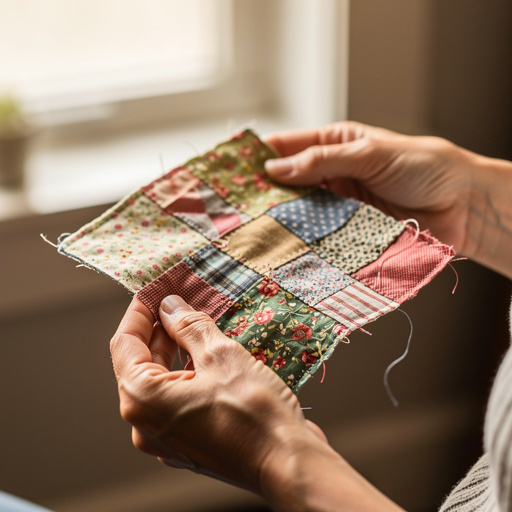 Fabric Scraps Memory Quilt Squares held in hand