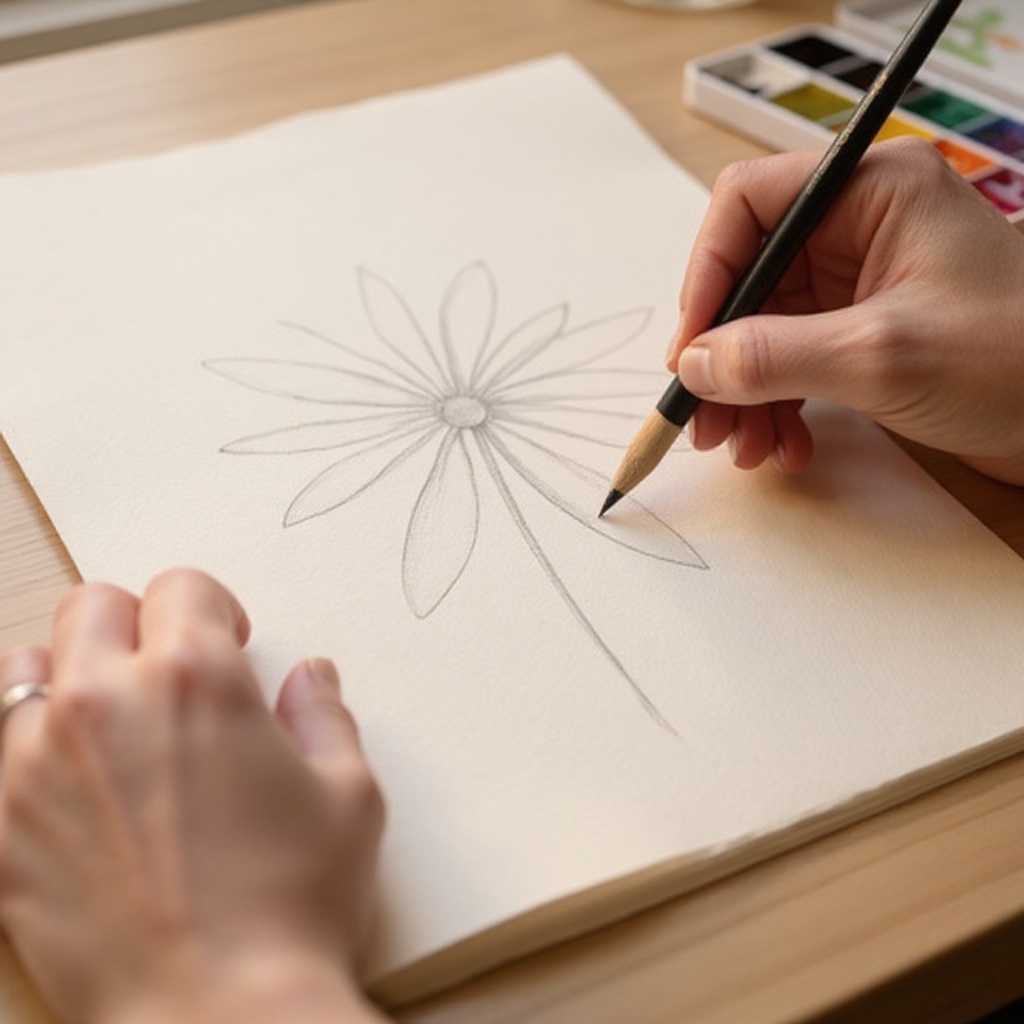 Step 1: Lightly sketch a simple flower shape onto your watercolor paper using a pencil.