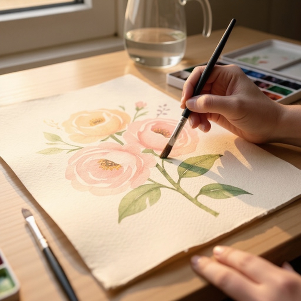 Step 8: Rinse your brush and pick up a green color for the stem and leaves. Sketch and p