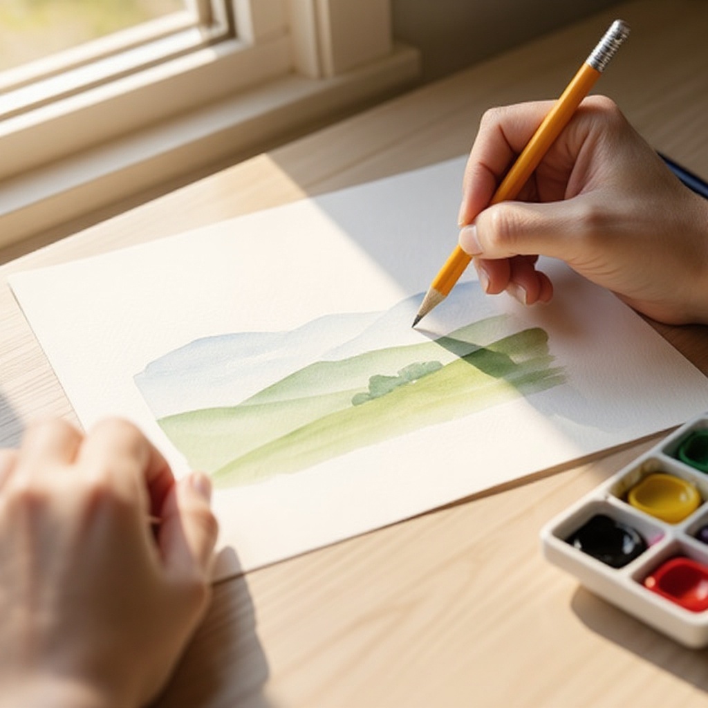 Step 1: Lightly sketch a simple landscape scene on your watercolor paper with a pencil. 