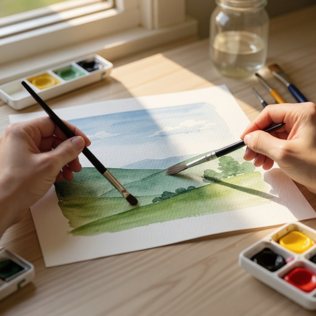 Step 5: Gently sweep the diluted paint across the top section of your paper for the sky,