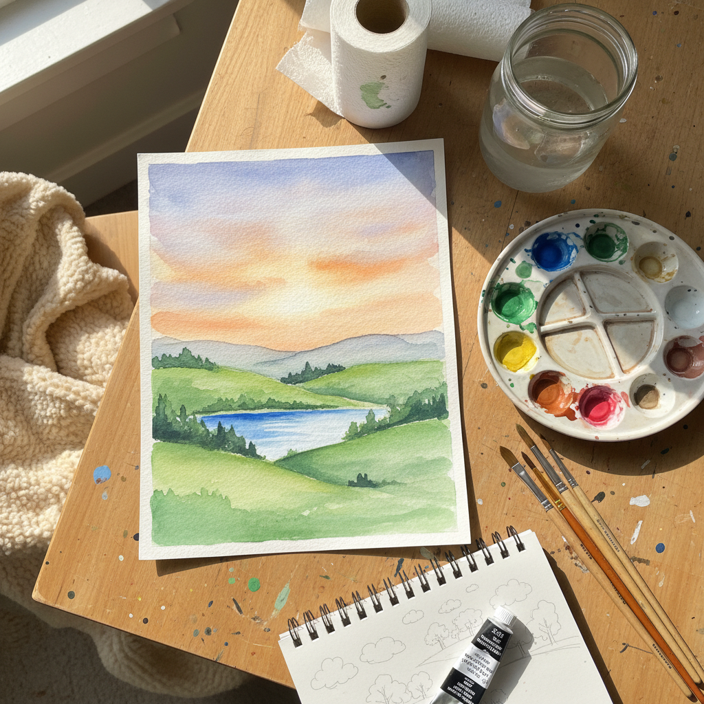 Multiple Beginner Watercolor Landscapes crafts from above