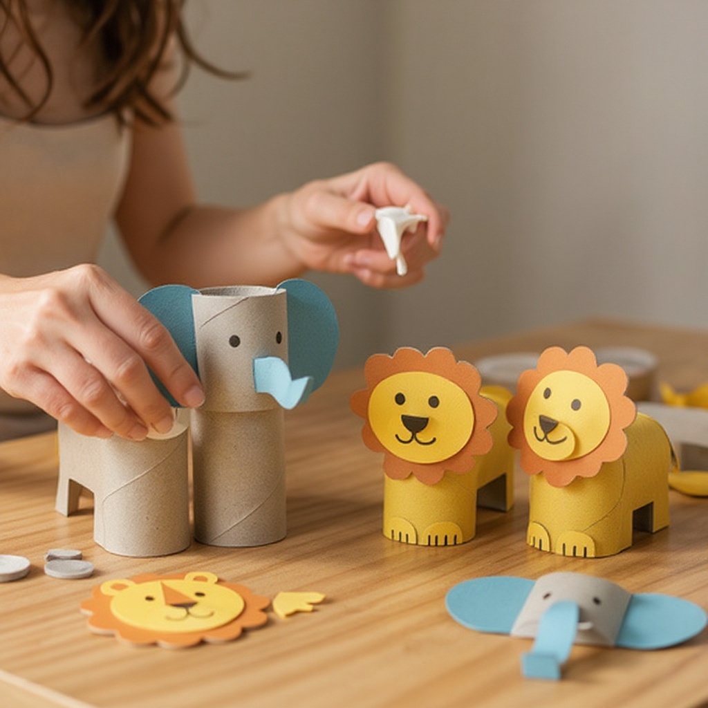 Step 11: Glue the features onto the covered cardboard tubes. For the elephant, attach the