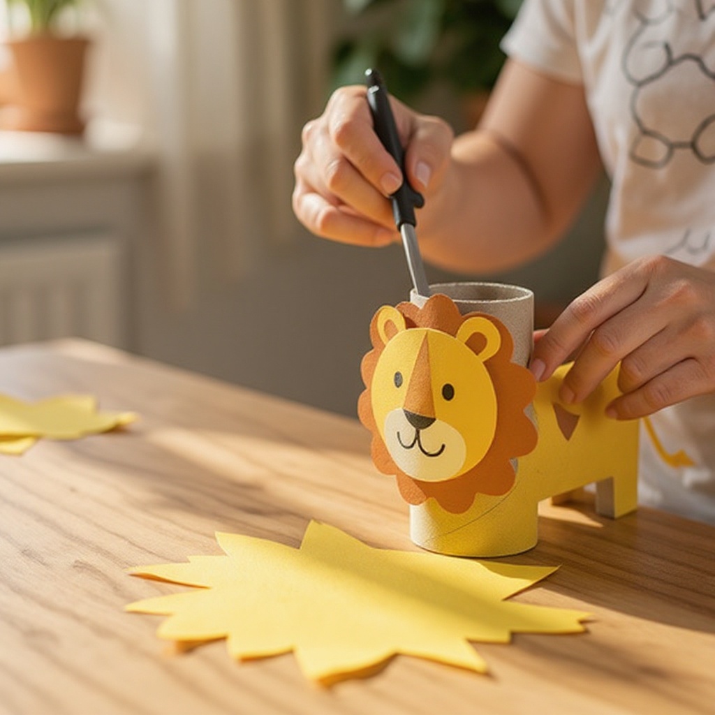 Step 8: For the lion, cut out a mane from yellow or orange paper in a fringe shape, and